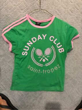 Urban Outfitters Green Tee with Pink Trim & Tennis Graphic